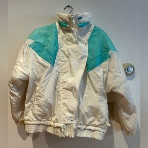 Searc Vintage 80’s Women’s Ski Jacket Size 10 White Aqua Blue Snowboard